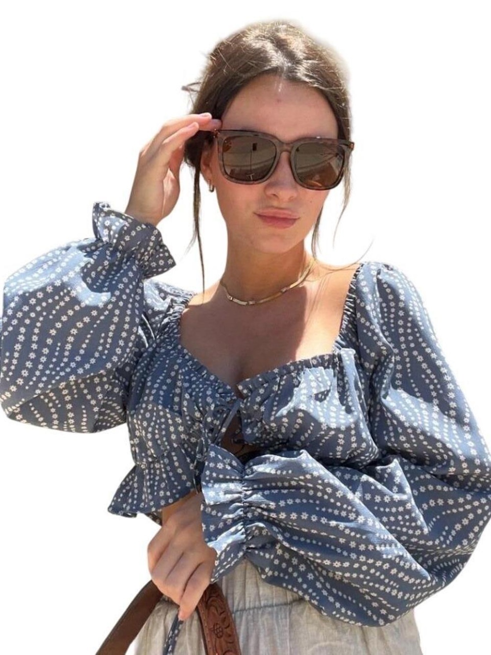 Blue Floral Puff-Sleeve Tie-Front Crop Top